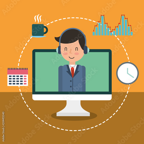 businessman adviser on screen computer calendar clock diagram vector illustration