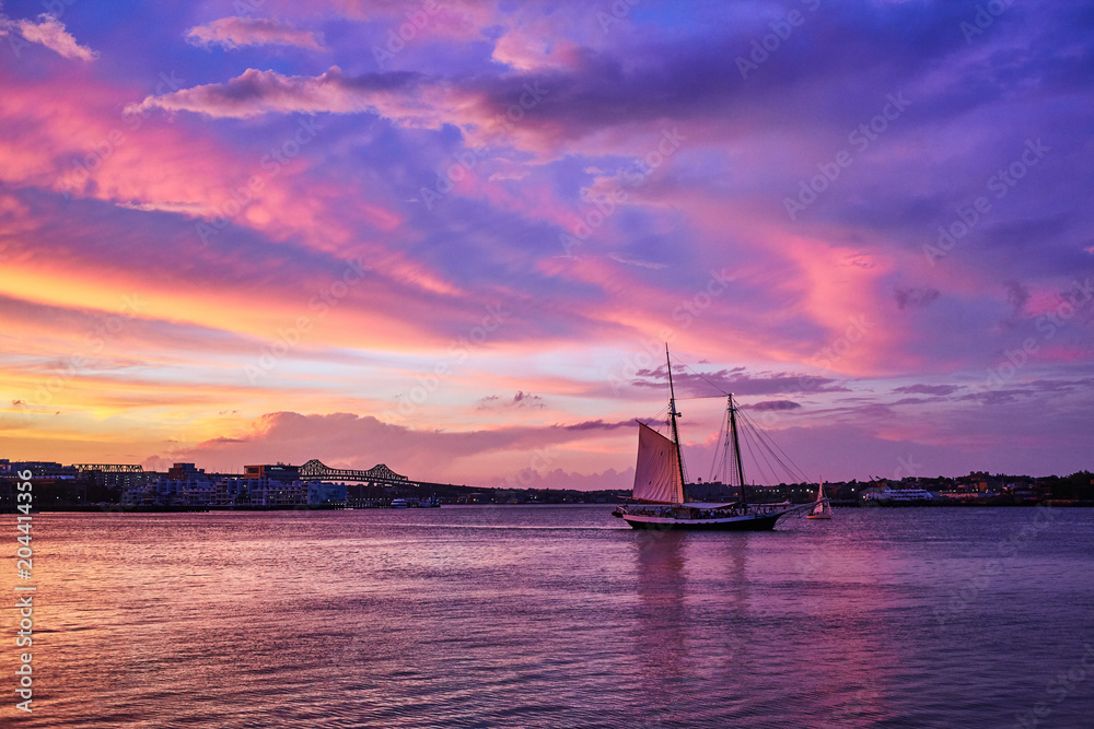 Amazing sunset in the port in Boston, Massachusetts