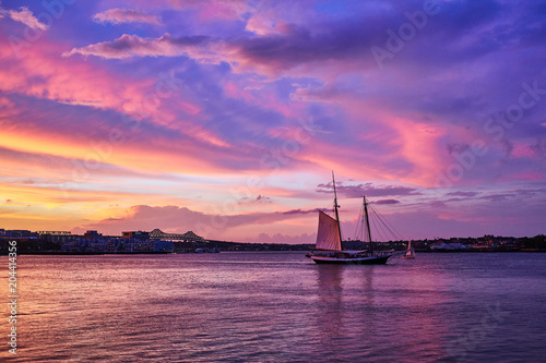 Amazing sunset in the port in Boston, Massachusetts