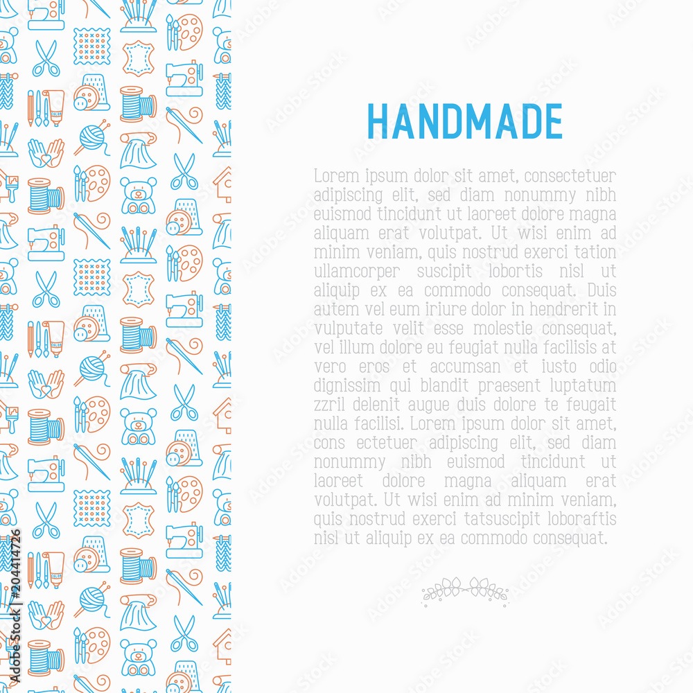 Handmade concept with thin line icons: sewing machine, knitting, needlework, drawing, embroidery, scissors, threads, yarn, pin. Modern vector illustration, template for workshop, print media.