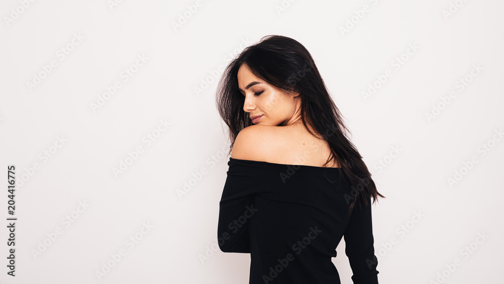 Close up of young sensual brunette woman posing in studio Close up of young sensual brunette woman posing in studio