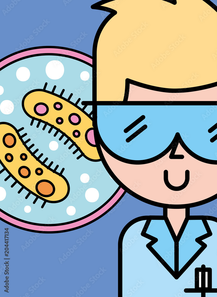 scientist man cartoon petri dish bacterias vector illustration Stock Vector  | Adobe Stock