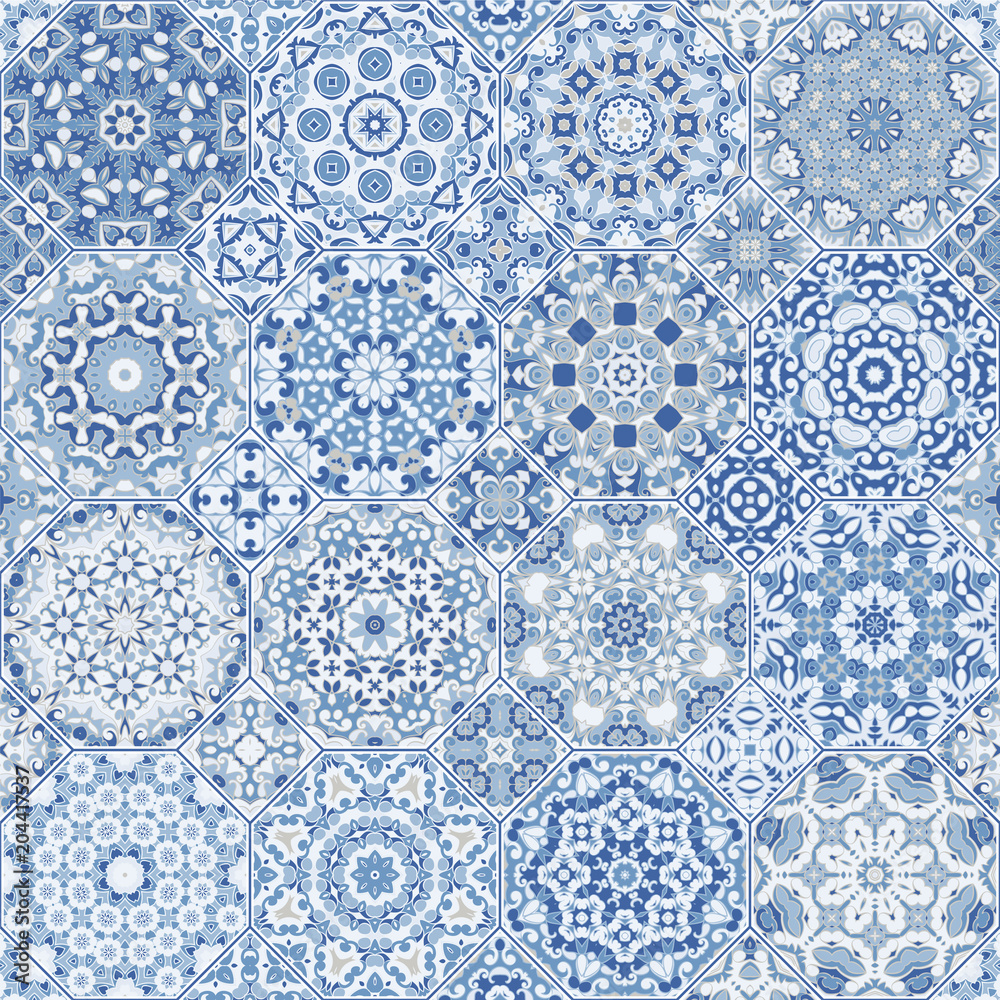 Vector collection of square and octagonal seamless patterns in Oriental style. A set of multicolor tiles.