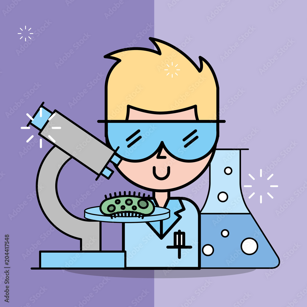 scientist man cartoon microscope virus and test tube vector illustration scientist man cartoon microscope virus and test tube vector illustration