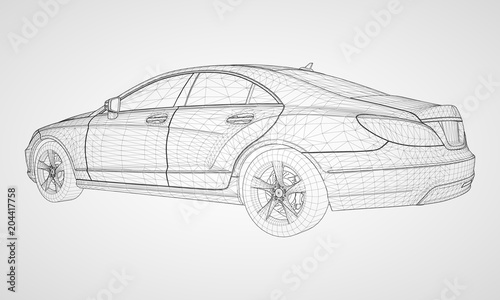 The model sports a premium sedan. Vector illustration in the form of a black polygonal triangular grid on a gray background.