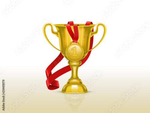 Vector realistic illustration of golden goblet and medal with red ribbon isolated on background. Winner cup for first place, champion trophy, award for win in sport games, super prize for achievements