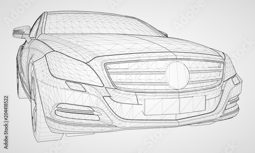 The model sports a premium sedan. Vector illustration in the form of a black polygonal triangular grid on a gray background.