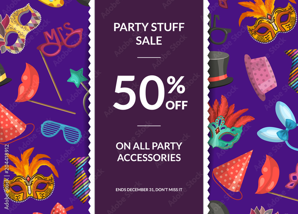 Vector sale background with masks and party accessories,
