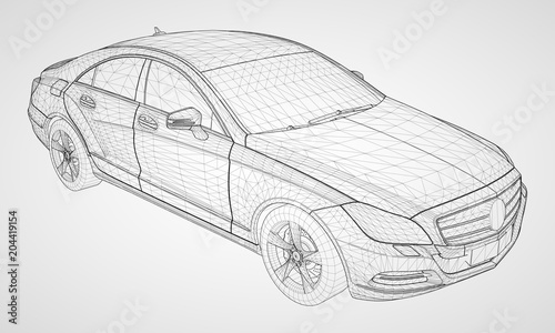 The model sports a premium sedan. Vector illustration in the form of a black polygonal triangular grid on a gray background.