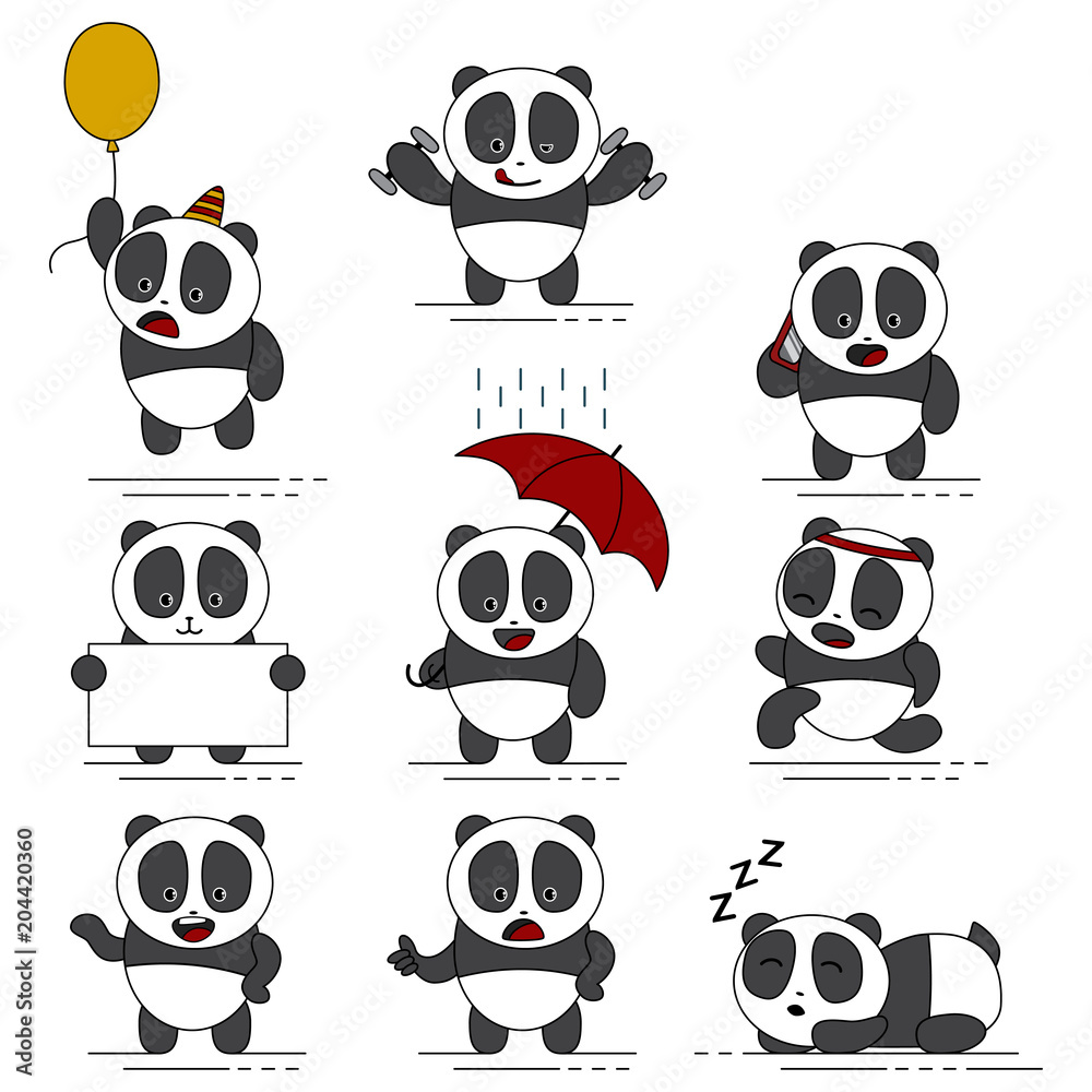 Cute funny pandas vector cartoon character. Set of exotic bears icons isolated on white background.
