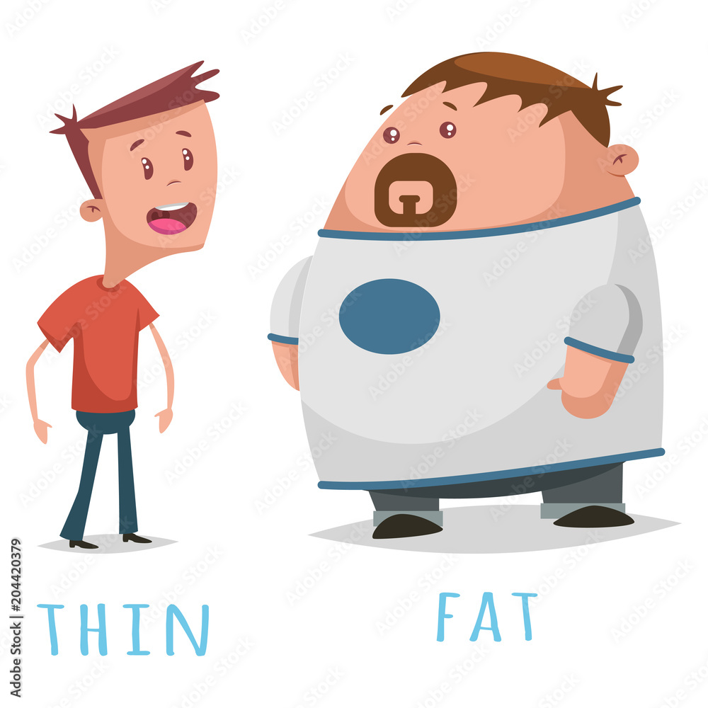 Opposite words adjective fat and thin. Vector cartoon illustration of two  cute guys isolated on white background. Stock Vector | Adobe Stock