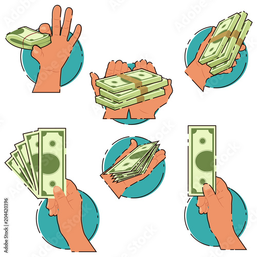 Hand holding dollar banknotes and a stack of money vector flat icons isolated on white background.