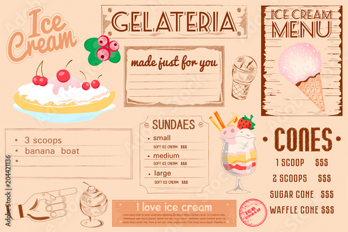 One-page placemat of ice cream menu for cafes and restaurants