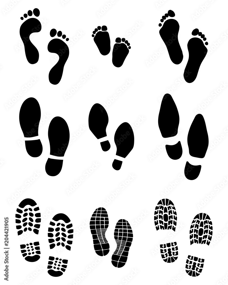 Black prints of human feet and shoes on a white background Black prints of human feet and shoes on a white background