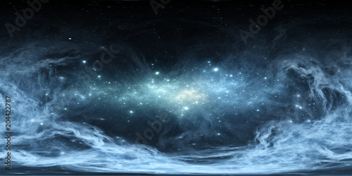 360 degree space nebula panorama, equirectangular projection, environment map. HDRI spherical panorama. Space background with nebula and stars.