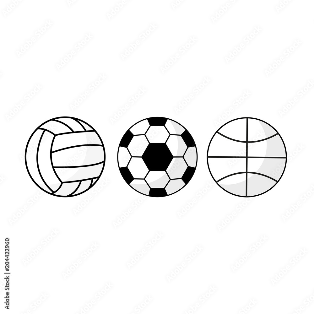 Sport balls set on white background. Football, basketball, volleyball. Vector icons.