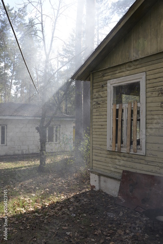 Abandoned house in the forest and the sun's rays filtering through the pines
