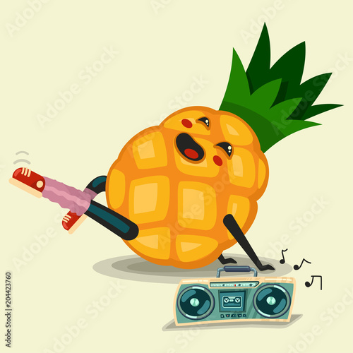 Cute Pineapple cartoon character doing fitness exercise and listening boombox stereo cassette recorder. Healthy eating and sport. Flat retro style illustration concept.