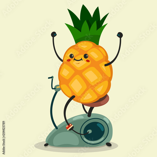 Cute Pineapple makes exercise on a stationary bike. Eating healthy and fitness. Retro flat concept illustration.