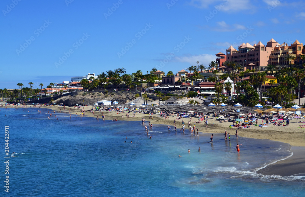 Beautiful coastal view of El Duque beach in Costa Adeje,Tenerife,Canary Islands,
Spain.Travel or summer vacation concept.
