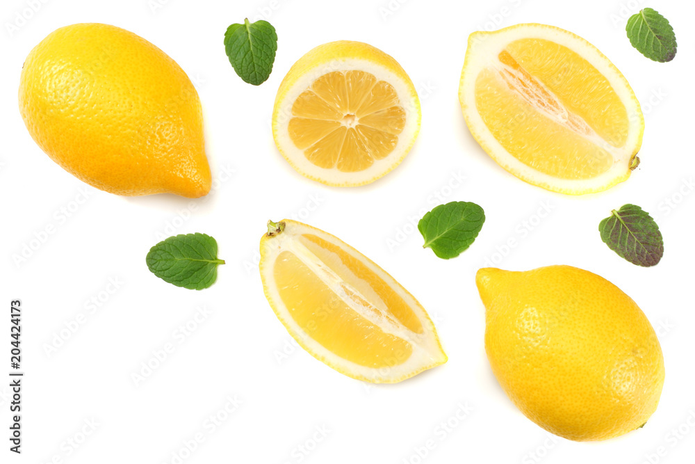 healthy food. sliced lemon with green leaf isolated on white background top view