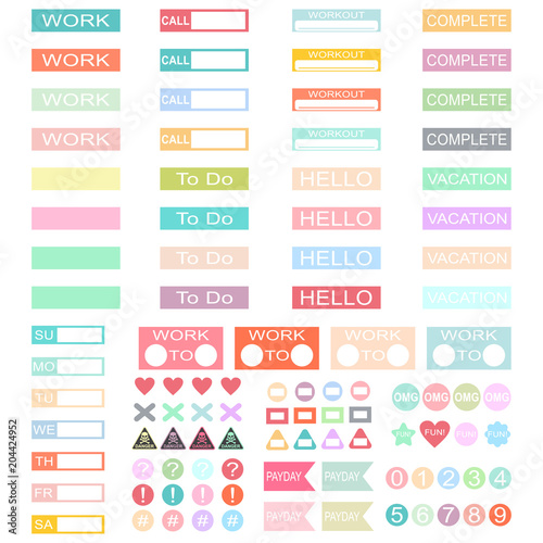 Design work planner stickers headers. Vector set of label template for schedule, organiser and calendars isolated on white background.