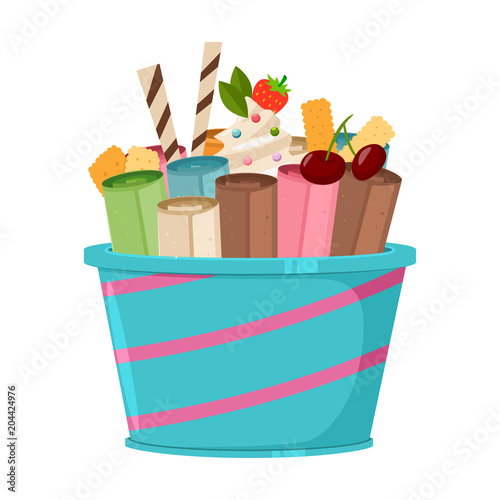 Thailand ice cream roll with waffle, cookie, cherry, strawberry and lolly candy. Vector cartoon flat icon or logo isolated on a white background.