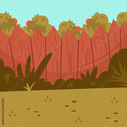 Home backyard with wooden fence, green grass and apple tree. Vector cartoon illustration.