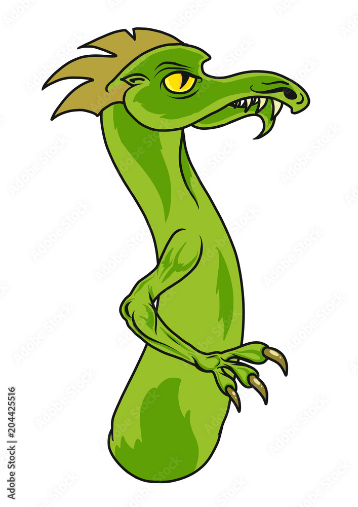 Fototapeta premium A green cartoon dragon in a side view. Vector illustration