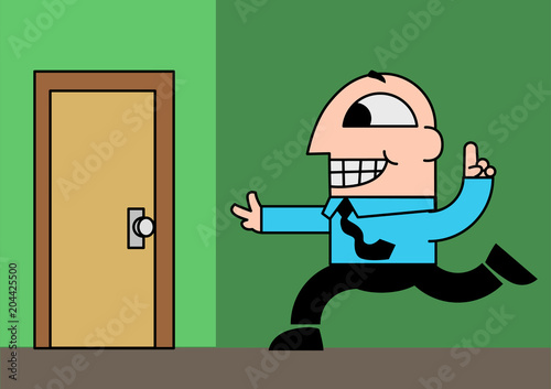 A business man running to the door to leave. Vector illustration