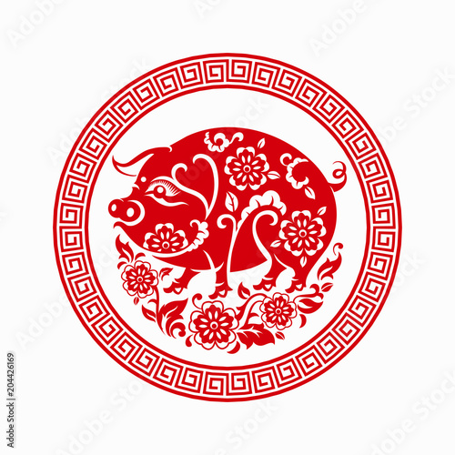 Happy chinese new year 2019 Zodiac sign year of the pig with red paper cut art and craft style on color Background.