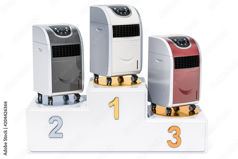 Portable air conditioner ratings concept. Winners podium with portable air conditioners, 3D rendering Portable air conditioner ratings concept. Winners podium with portable air conditioners, 3D rendering