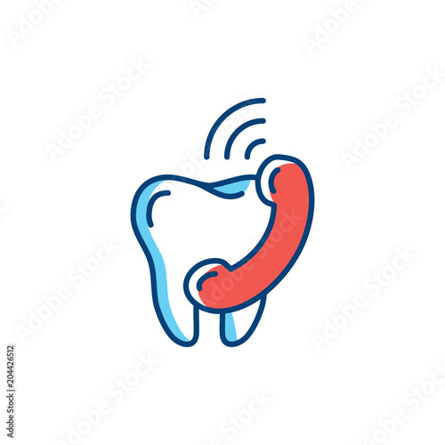 Dental care thin line icon, Tooth and phone handset icons. Vector flat illustration