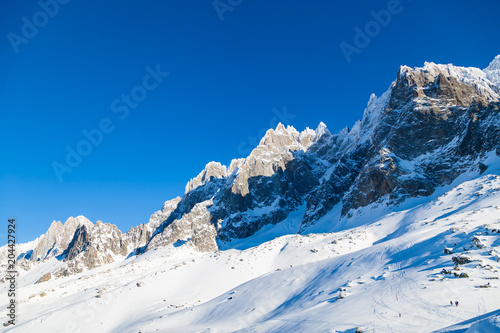 Picturesque view snowy mountain peaks panorama, Mont Blanc, Chamonix, Upper Savoy Alps, France © umike_foto