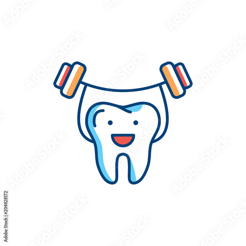 Healthy teeth icon, Strong tooth holds the barbell. Dental care logo concept, dental clinic logotype template. Stomatology Vector thin line colorful illustration