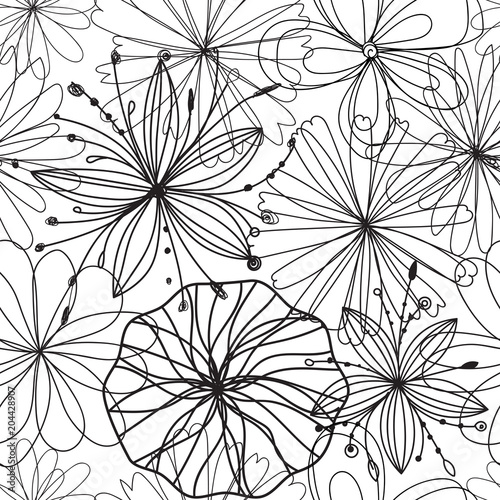 FICTIVE BLOOMING TEXTURE. MONOCHROME FLORAL SEAMLESS VECTOR PATTERN.