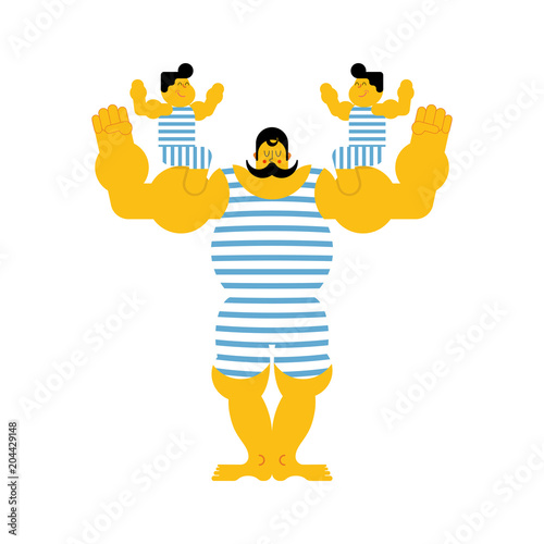 Sports strong family dynasty. Retro strongman and children. Vintage Sportsman. Circus bodybuilder. man of musls in poloat clothes. Vector illustration