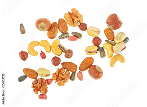 Assorted mixed nuts, white background. Top view.