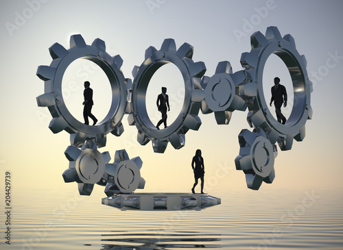 Executives that are walking inside gears at sea at dawn demonstrate the power of cooperation and synergy as 3d rendering. photo