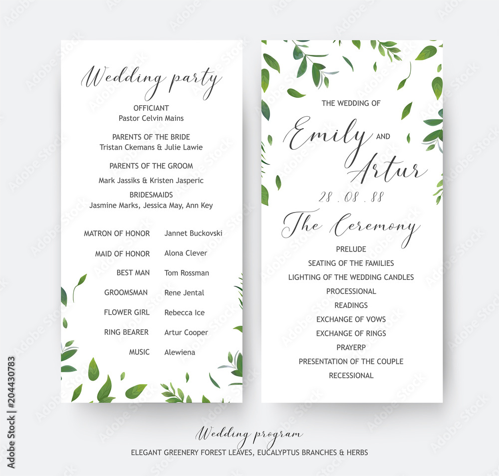 Wedding floral greenery ceremony and party program cards vector design. Botanical, rustic watercolor style hand drawn green leaves, eucalyptus tree branches, forest herbs. Elegant, natural frame decor