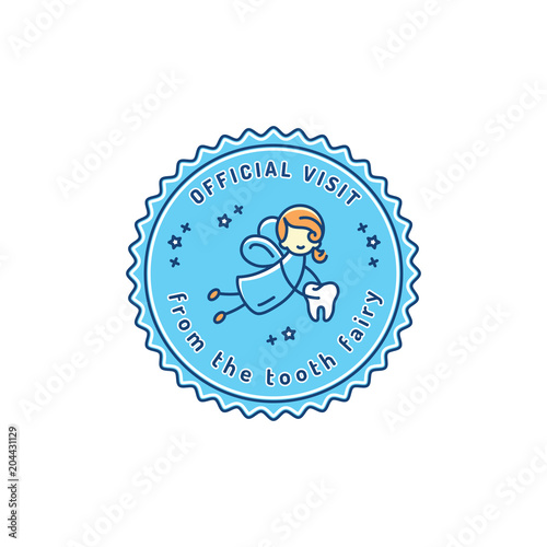 Official Visit Tooth Fairy, Children's dentistry stamp icon. Dental care baby symbol, Vector flat illustration