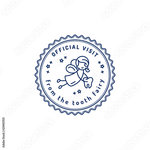 Official Visit Tooth Fairy, Children's dentistry stamp icon, Tooth Fairy receipt printable. Dental care baby symbol, Vector flat illustration