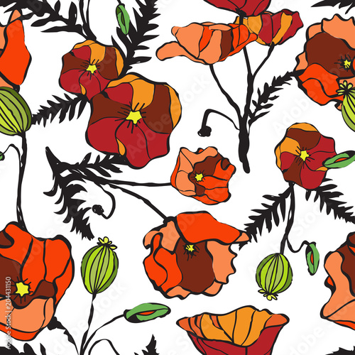 RED POPPY FLOWER SEAMLESS VECTOR PATTERN. ABSTRACT BLOOMING TEXTURE. MOSAIC ART