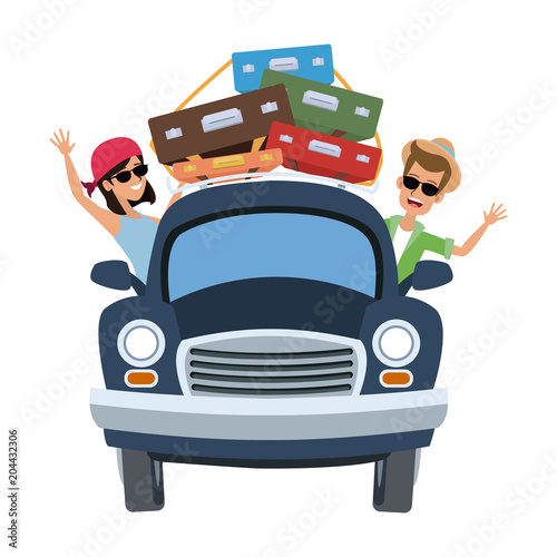 Car with luggage on top and passenger inside vector illustration graphic design