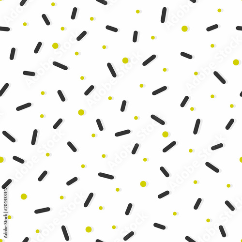 Seamless pattern with black and gold confetti sprinkles. Minimal line shape and dots. Geometric scrapbook design. Donut glaze background. 