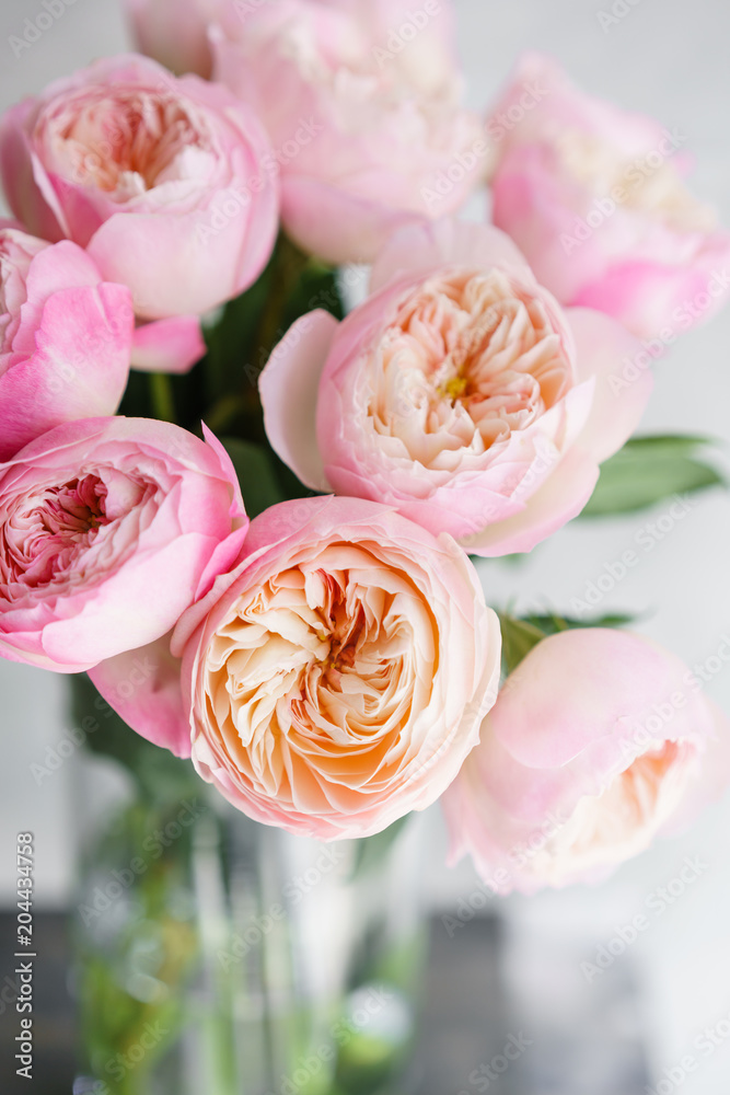 custom made wallpaper toronto digitalEnglish garden peonies roses, David Austin. Multi color pink flower bud, floral background photo. Lovely flowers in glass vase. Beautiful summer bouquet. Floral composition, daylight. Wallpaper