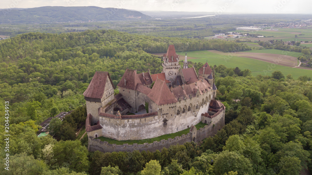 Beautiful drone shot of castle Burg Kreuzenstein near vienna