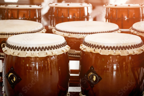 Closeup Japanese drums arrangement during a street festival.