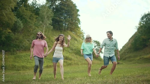 Friends On Weekend. Happy People Having Fun In Nature.