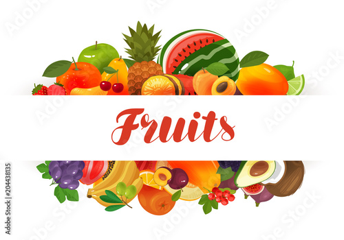 Fruits, banner. Natural food, greengrocery concept. Vector illustration